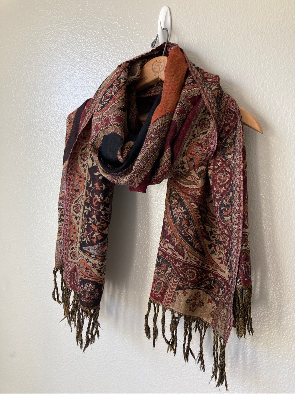 Novica Wool paisley floral fall autumn Colors fringed scarf wrap Whimsigoth boho - Picture 6 of 10